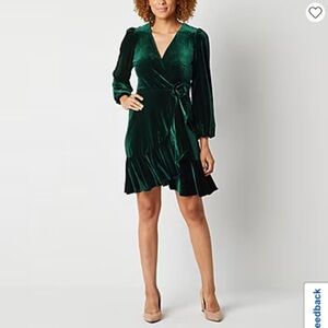 NWT Melonie T Womens Long Sleeve Fit Flare Dress Size 2P Green Velvet Wrap Dress